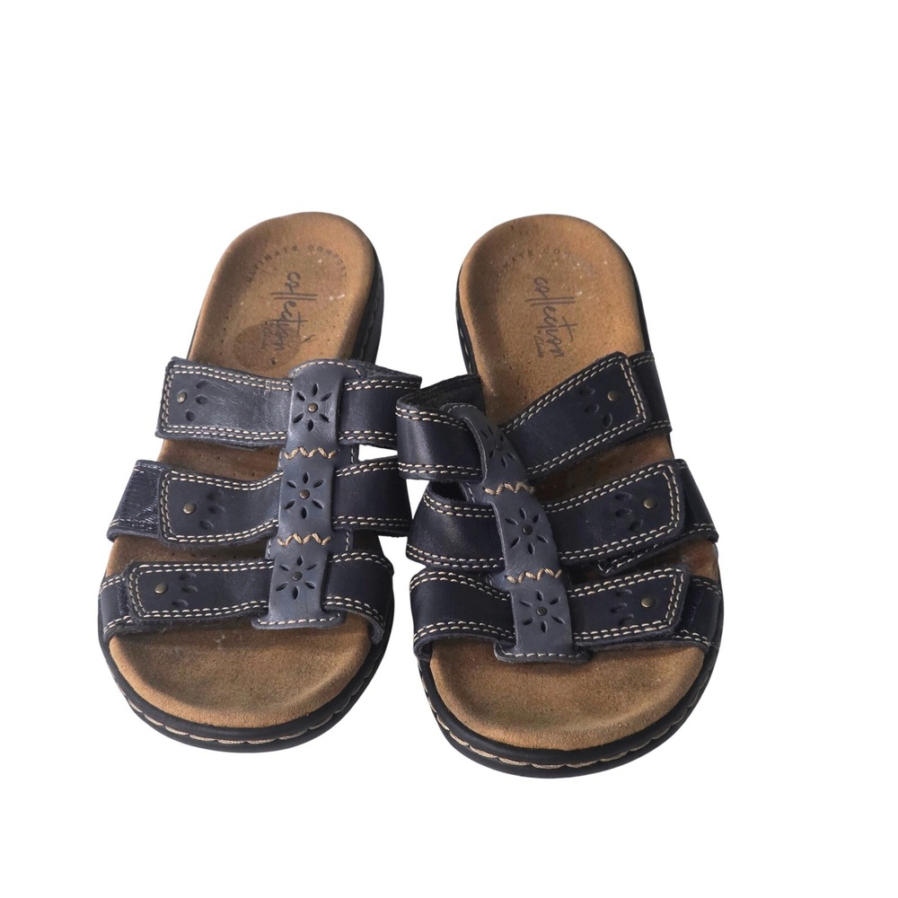 Clarks Collection Womens Navy Blue Leather Floral Slide Sandals 6M 26135098